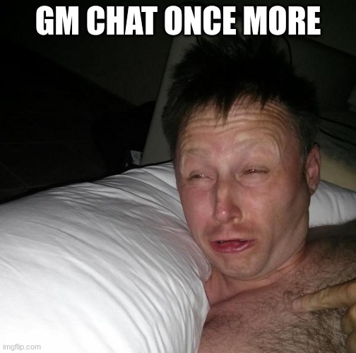 yo | GM CHAT ONCE MORE | image tagged in limmy waking up,memes,funny,gm | made w/ Imgflip meme maker