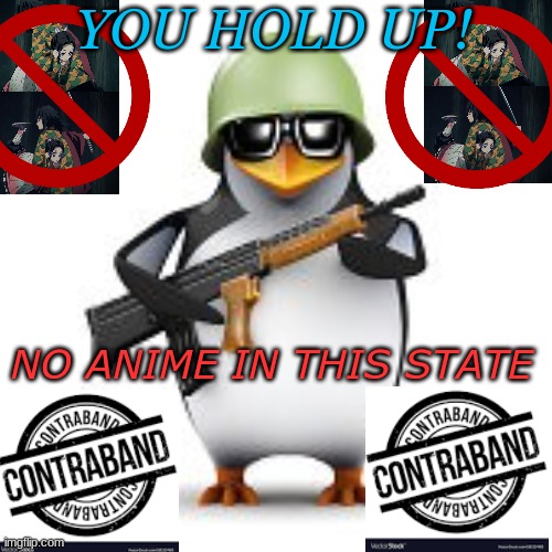 no anime penguin | YOU HOLD UP! NO ANIME IN THIS STATE | image tagged in no anime penguin | made w/ Imgflip meme maker