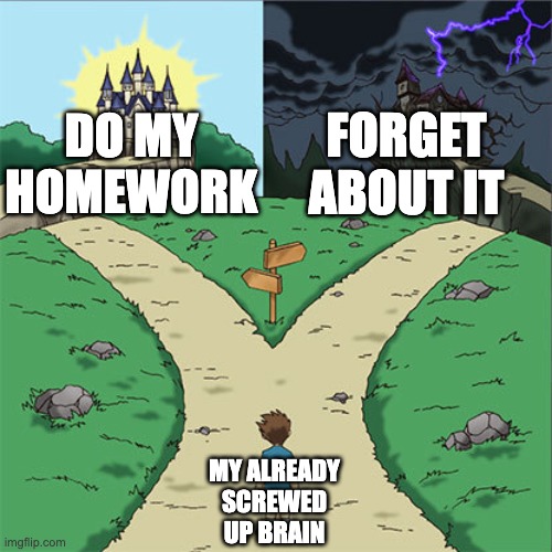 hmmmmmm | FORGET ABOUT IT; DO MY HOMEWORK; MY ALREADY SCREWED UP BRAIN | image tagged in two paths | made w/ Imgflip meme maker