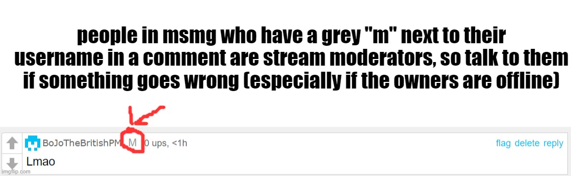 Just a quick little reminder | people in msmg who have a grey "m" next to their username in a comment are stream moderators, so talk to them if something goes wrong (especially if the owners are offline) | image tagged in blank white template | made w/ Imgflip meme maker