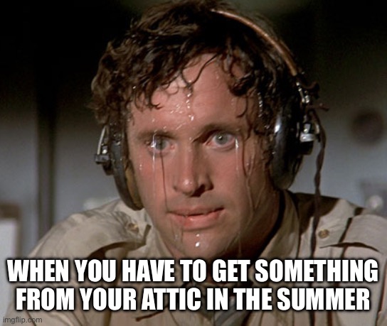 Attic Gets Hot In The Summer | WHEN YOU HAVE TO GET SOMETHING FROM YOUR ATTIC IN THE SUMMER | image tagged in sweating on commute after jiu-jitsu,summer,hot,attic,sweating bullets | made w/ Imgflip meme maker