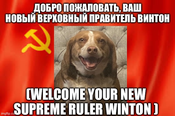 USSR flag | ДОБРО ПОЖАЛОВАТЬ, ВАШ НОВЫЙ ВЕРХОВНЫЙ ПРАВИТЕЛЬ ВИНТОН; (WELCOME YOUR NEW SUPREME RULER WINTON ) | image tagged in ussr flag | made w/ Imgflip meme maker