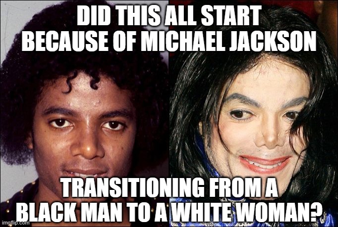 Michael Jackson Transracial | DID THIS ALL START BECAUSE OF MICHAEL JACKSON TRANSITIONING FROM A BLACK MAN TO A WHITE WOMAN? | image tagged in michael jackson transracial | made w/ Imgflip meme maker