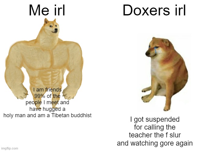 Do not be a maddie | Me irl; Doxers irl; I am friends 99% of the people I meet and have hugged a holy man and am a Tibetan buddhist; I got suspended for calling the teacher the f slur and watching gore again | image tagged in memes,buff doge vs cheems,doxers,irl | made w/ Imgflip meme maker