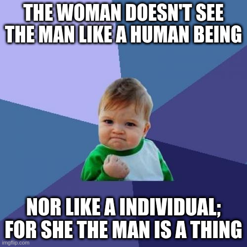 thing | THE WOMAN DOESN'T SEE THE MAN LIKE A HUMAN BEING; NOR LIKE A INDIVIDUAL; FOR SHE THE MAN IS A THING | image tagged in memes,success kid | made w/ Imgflip meme maker