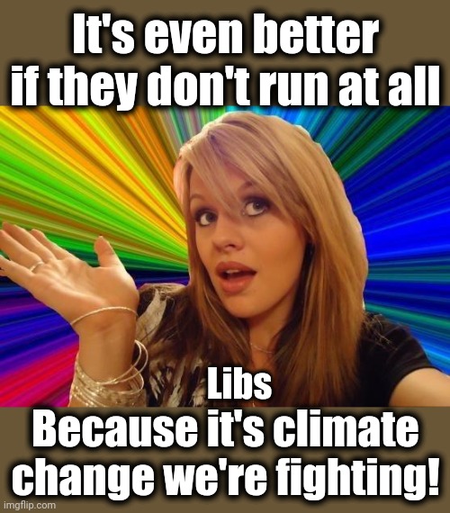 Dumb Blonde Meme | It's even better if they don't run at all Because it's climate change we're fighting! Libs | image tagged in memes,dumb blonde | made w/ Imgflip meme maker