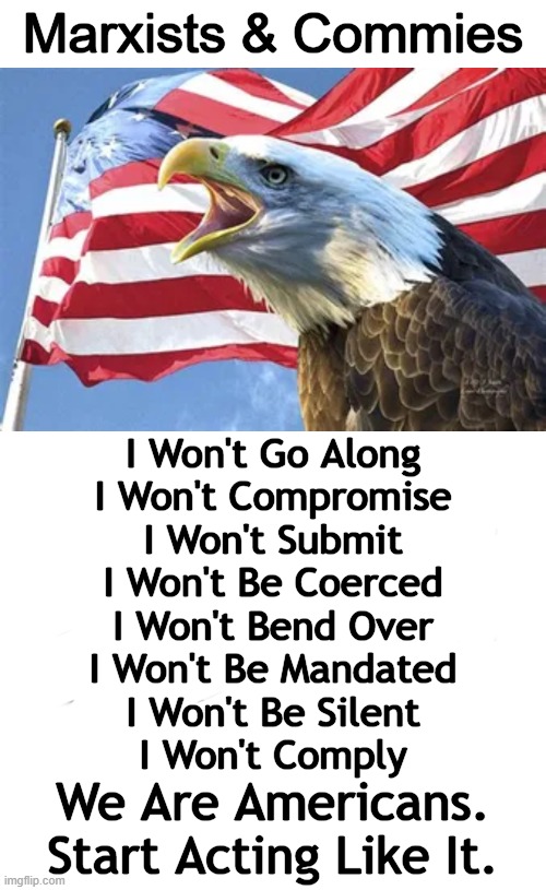 America, Land of the Free | Marxists & Commies; I Won't Go Along
I Won't Compromise
I Won't Submit
I Won't Be Coerced
I Won't Bend Over
I Won't Be Mandated
I Won't Be Silent
I Won't Comply; We Are Americans.
Start Acting Like It. | image tagged in politics,america,freedom,land of the free,usa,americans | made w/ Imgflip meme maker
