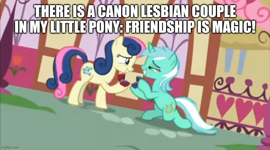 Gotta love representation in an alternate pony universe | THERE IS A CANON LESBIAN COUPLE IN MY LITTLE PONY: FRIENDSHIP IS MAGIC! | image tagged in lgbtq,lesbian,my little pony friendship is magic,my little pony,lgbt | made w/ Imgflip meme maker