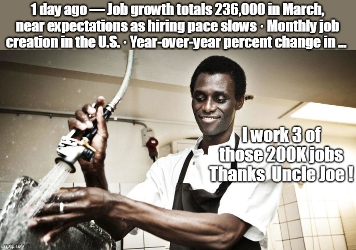 More like a hand job from the administration | 1 day ago — Job growth totals 236,000 in March, near expectations as hiring pace slows · Monthly job creation in the U.S. · Year-over-year percent change in ... | image tagged in march job reports meme | made w/ Imgflip meme maker