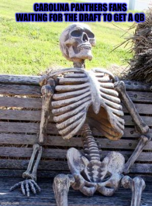 Waiting Skeleton | CAROLINA PANTHERS FANS WAITING FOR THE DRAFT TO GET A QB | image tagged in memes,waiting skeleton,carolina panthers,quarterback,nfl memes | made w/ Imgflip meme maker