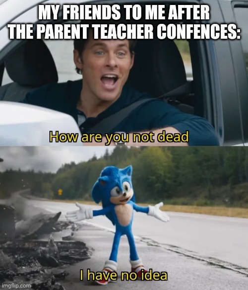 Again, I don't care | MY FRIENDS TO ME AFTER THE PARENT TEACHER CONFENCES: | image tagged in sonic i have no idea,i dont care,why are you reading the tags,you have been eternally cursed for reading the tags | made w/ Imgflip meme maker