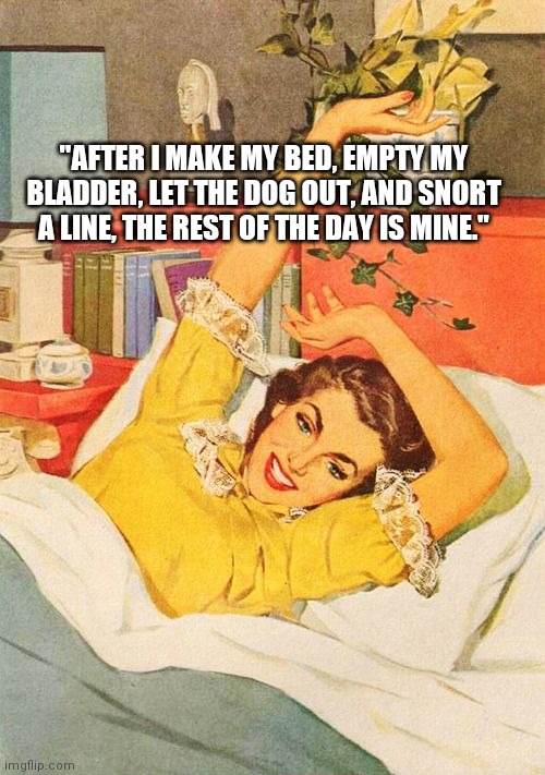 The Day Is Mine | "AFTER I MAKE MY BED, EMPTY MY BLADDER, LET THE DOG OUT, AND SNORT A LINE, THE REST OF THE DAY IS MINE." | image tagged in vintage,1950s housewife,wife,funny memes,housewife | made w/ Imgflip meme maker