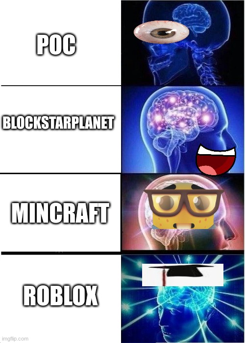 smarter game ideas | POC; BLOCKSTARPLANET; MINCRAFT; ROBLOX | image tagged in memes,expanding brain | made w/ Imgflip meme maker