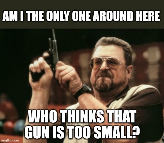 Am I The Only One Around Here Meme | AM I THE ONLY ONE AROUND HERE WHO THINKS THAT GUN IS TOO SMALL? | image tagged in memes,am i the only one around here | made w/ Imgflip meme maker