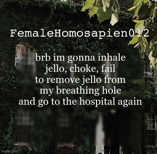 FemaleHomosapien012 | brb im gonna inhale jello, choke, fail to remove jello from my breathing hole and go to the hospital again | image tagged in femalehomosapien012 | made w/ Imgflip meme maker