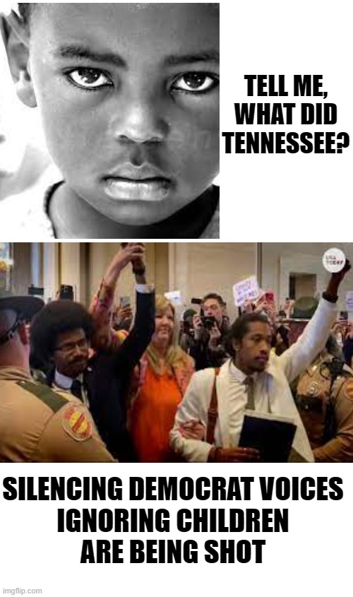 Republican revenge | TELL ME,
WHAT DID TENNESSEE? SILENCING DEMOCRAT VOICES
 IGNORING CHILDREN 
ARE BEING SHOT | image tagged in maga,fascists,confederate,racist,politics | made w/ Imgflip meme maker