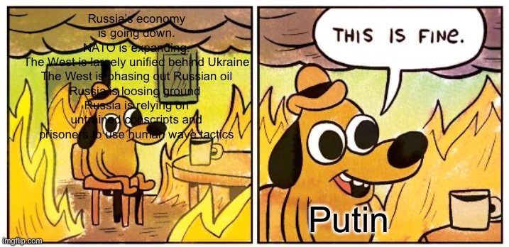 This Is Fine Meme | Russia’s economy is going down.
NATO is expanding.
The West is largely unified behind Ukraine
The West is phasing out Russian oil
Russia is  | image tagged in memes,this is fine | made w/ Imgflip meme maker