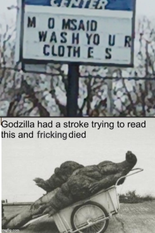 Pretty sure it's supposed to be "mom said wash your clothes" | image tagged in godzilla had a stroke trying to read this and fricking died | made w/ Imgflip meme maker