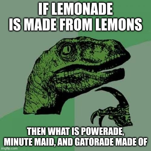 What are they made of? | IF LEMONADE IS MADE FROM LEMONS; THEN WHAT IS POWERADE, MINUTE MAID, AND GATORADE MADE OF | image tagged in memes,philosoraptor | made w/ Imgflip meme maker