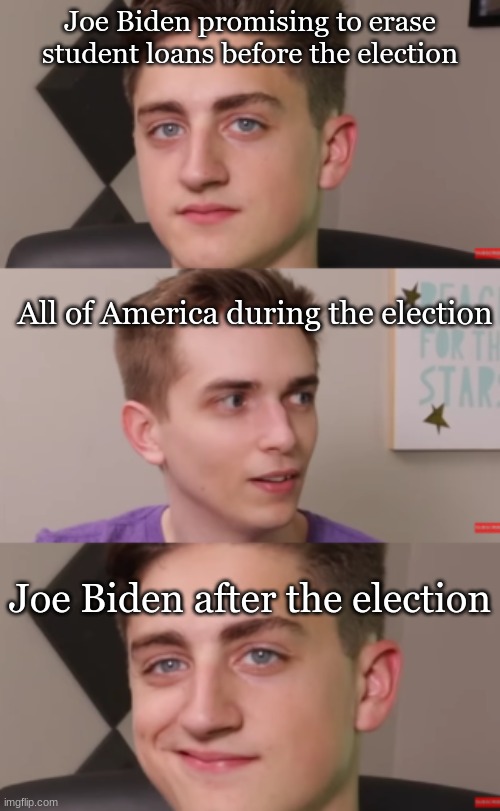 I saw it coming though | Joe Biden promising to erase student loans before the election; All of America during the election; Joe Biden after the election | image tagged in plotting danny and concerned drew,politics,political meme | made w/ Imgflip meme maker