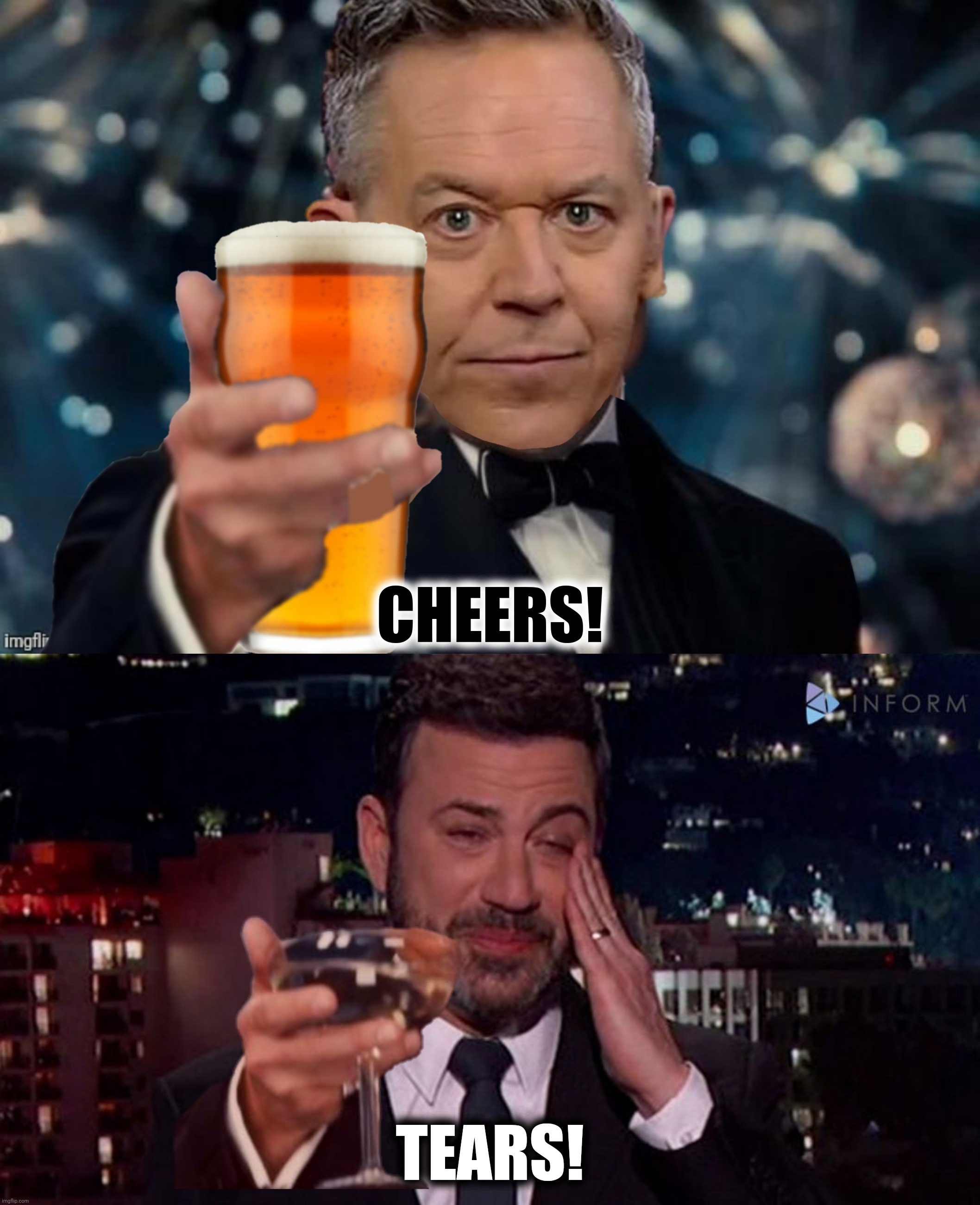 Bad Photoshop Sunday presents:  Maybe Jill should invite Jimmy to The White House | CHEERS! TEARS! | image tagged in bad photoshop sunday,greg gutfeld,jimmy kimmel,leonardo dicaprio cheers,ratings | made w/ Imgflip meme maker