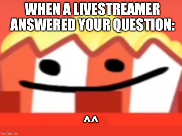 ^////^ | WHEN A LIVESTREAMER ANSWERED YOUR QUESTION:; ^^ | image tagged in shitpost,why are you reading this,wth,wtf | made w/ Imgflip meme maker