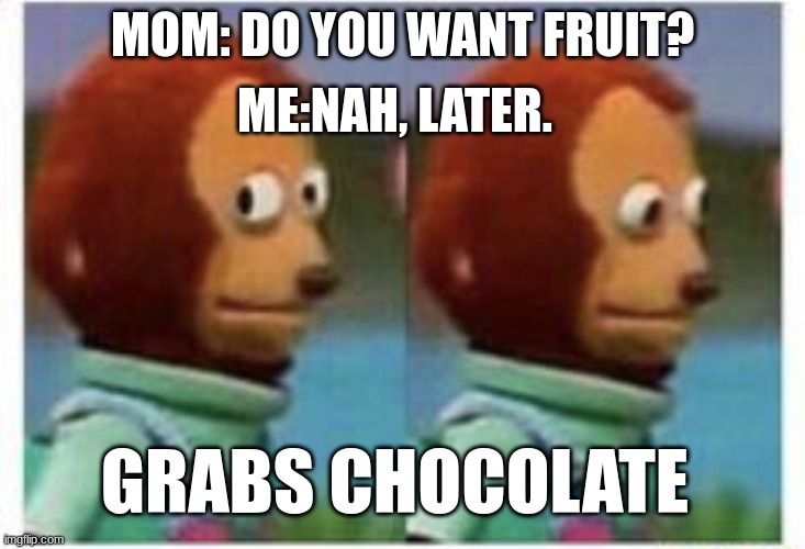 side eye teddy | ME:NAH, LATER. MOM: DO YOU WANT FRUIT? GRABS CHOCOLATE | image tagged in side eye teddy | made w/ Imgflip meme maker