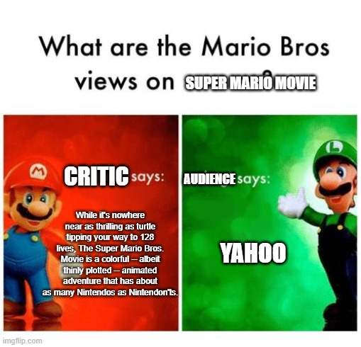Mario says Luigi says | SUPER MARIO MOVIE; AUDIENCE; CRITIC; While it's nowhere near as thrilling as turtle tipping your way to 128 lives, The Super Mario Bros. Movie is a colorful -- albeit thinly plotted -- animated adventure that has about as many Nintendos as Nintendon'ts. YAHOO | image tagged in mario says luigi says,memes | made w/ Imgflip meme maker
