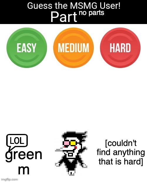 Guess The MSMG User | no parts; [couldn't find anything that is hard]; green m | image tagged in guess the msmg user | made w/ Imgflip meme maker