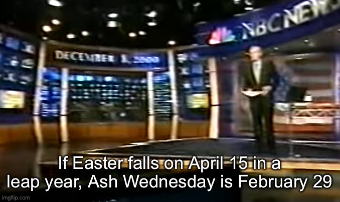 December 8, 2000 | If Easter falls on April 15 in a leap year, Ash Wednesday is February 29 | image tagged in december 8 2000 | made w/ Imgflip meme maker