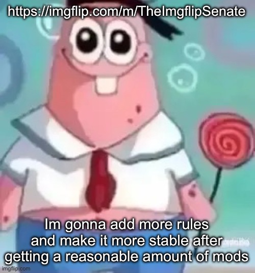 Patrick | https://imgflip.com/m/TheImgflipSenate; Im gonna add more rules and make it more stable after getting a reasonable amount of mods | image tagged in patrick | made w/ Imgflip meme maker