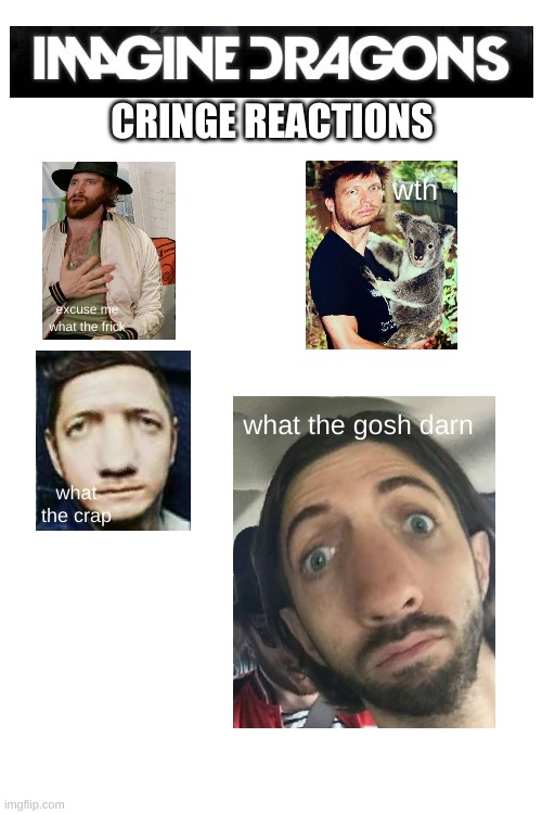 reactions to cringe with Imagine Dragons | CRINGE REACTIONS; wth; excuse me what the frick; what the gosh darn; what the crap | image tagged in imagine dragons,reactions,cringe | made w/ Imgflip meme maker