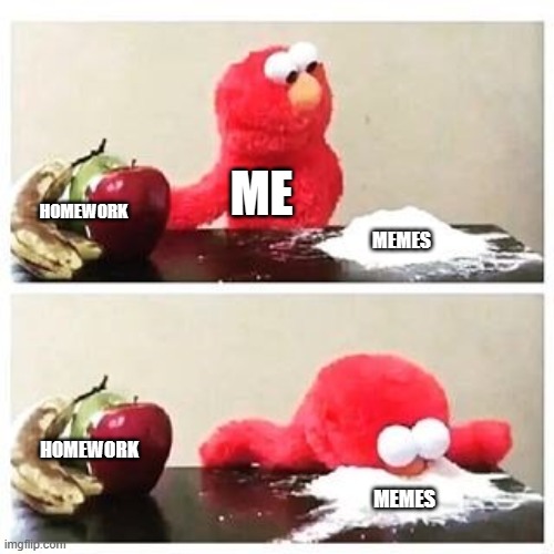 elmo cocaine | ME; HOMEWORK; MEMES; HOMEWORK; MEMES | image tagged in elmo cocaine | made w/ Imgflip meme maker