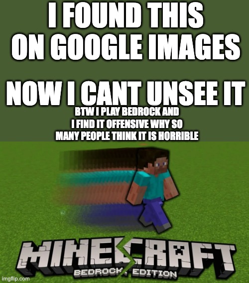 gOOglE iMAgeS | I FOUND THIS ON GOOGLE IMAGES; NOW I CANT UNSEE IT; BTW I PLAY BEDROCK AND I FIND IT OFFENSIVE WHY SO MANY PEOPLE THINK IT IS HORRIBLE | image tagged in minecraft steve | made w/ Imgflip meme maker