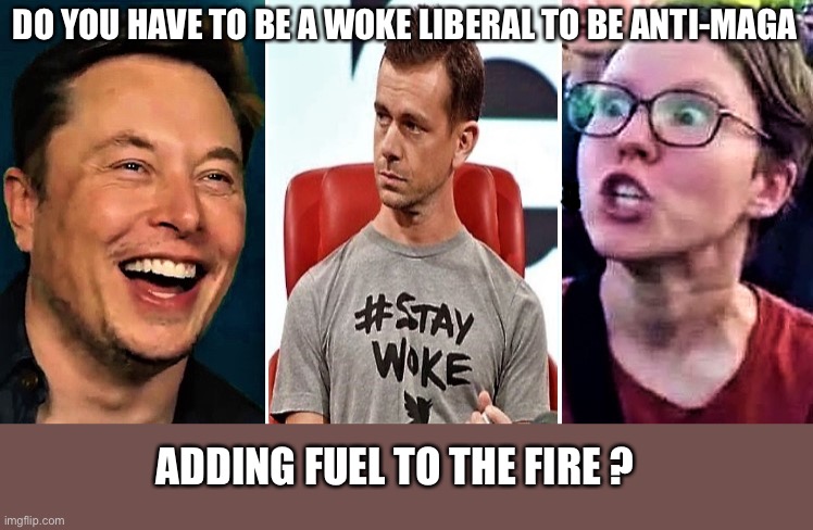 Elon gives out woke t-shirts | DO YOU HAVE TO BE A WOKE LIBERAL TO BE ANTI-MAGA ADDING FUEL TO THE FIRE ? | image tagged in elon gives out woke t-shirts | made w/ Imgflip meme maker