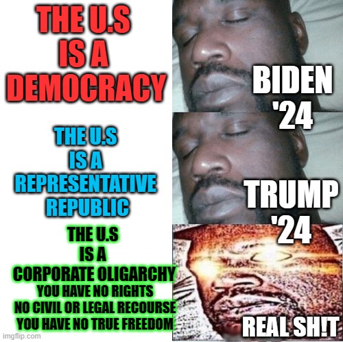 Real America | THE U.S 
IS A 
DEMOCRACY; BIDEN '24; THE U.S 
IS A 
REPRESENTATIVE 
REPUBLIC; TRUMP '24; THE U.S 
IS A 
CORPORATE OLIGARCHY; YOU HAVE NO RIGHTS NO CIVIL OR LEGAL RECOURSE YOU HAVE NO TRUE FREEDOM; REAL SH!T | image tagged in 2 sleeping shaq 1 awake | made w/ Imgflip meme maker