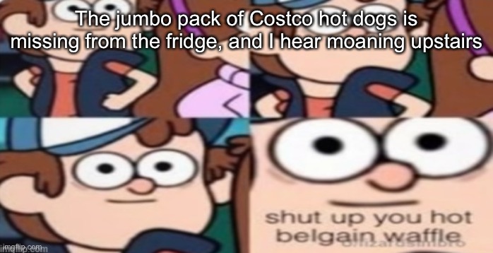 shut up you hot belgain waffle | The jumbo pack of Costco hot dogs is missing from the fridge, and I hear moaning upstairs | image tagged in shut up you hot belgain waffle | made w/ Imgflip meme maker