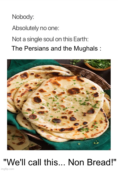 (ps : not making fun of the asian cuisine, its generally referred to as naan bread) | The Persians and the Mughals :; "We'll call this... Non Bread!" | image tagged in b r e a d | made w/ Imgflip meme maker