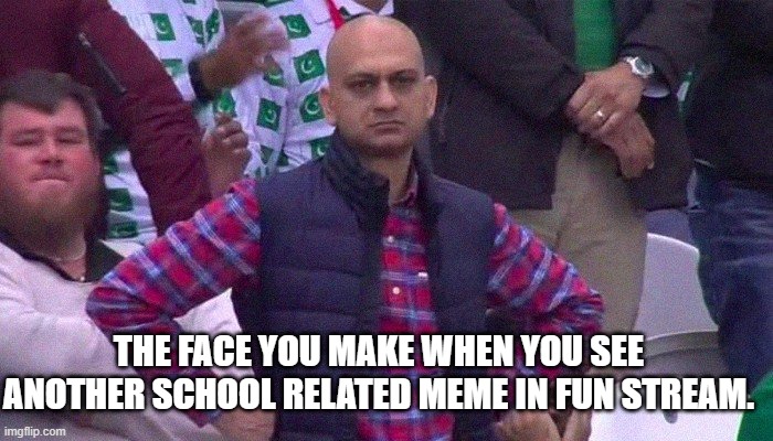 There comes another yawn | THE FACE YOU MAKE WHEN YOU SEE ANOTHER SCHOOL RELATED MEME IN FUN STREAM. | image tagged in angry pakistani fan | made w/ Imgflip meme maker