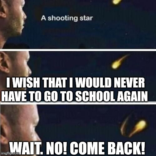 *Sigh* | I WISH THAT I WOULD NEVER HAVE TO GO TO SCHOOL AGAIN; WAIT. NO! COME BACK! | image tagged in shooting star rejected wish | made w/ Imgflip meme maker
