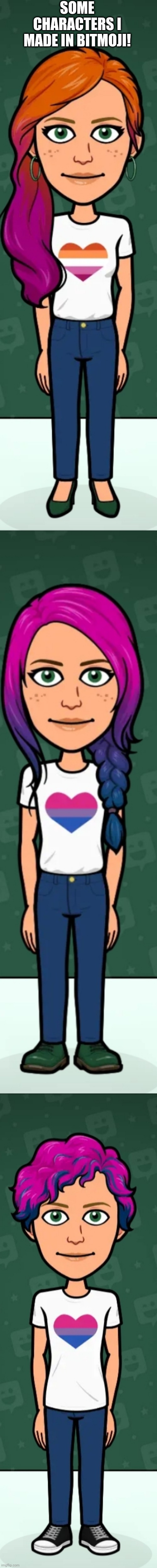 Lgbtq+ characters! Tell me what flag to do next! | SOME CHARACTERS I MADE IN BITMOJI! | image tagged in lgbtq,bisexual,lesbian,lgbt,homosexuality,homosexual | made w/ Imgflip meme maker