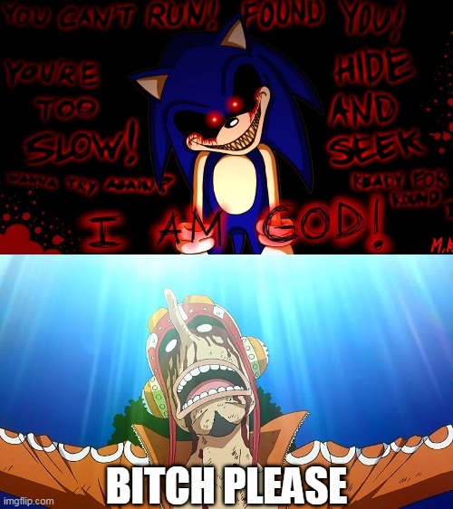 Who's God? | BITCH PLEASE | image tagged in i am god,sonic exe,sonic the hedgehog,one piece,usopp | made w/ Imgflip meme maker