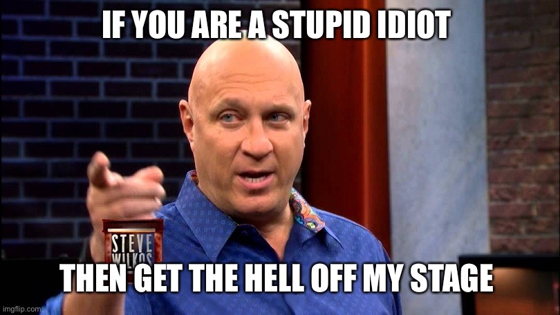 Steve Wilkos | IF YOU ARE A STUPID IDIOT; THEN GET THE HELL OFF MY STAGE | image tagged in steve wilkos | made w/ Imgflip meme maker