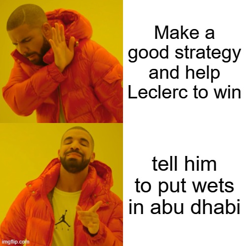 Drake Hotline Bling | Make a good strategy and help Leclerc to win; tell him to put wets in abu dhabi | image tagged in memes,drake hotline bling | made w/ Imgflip meme maker