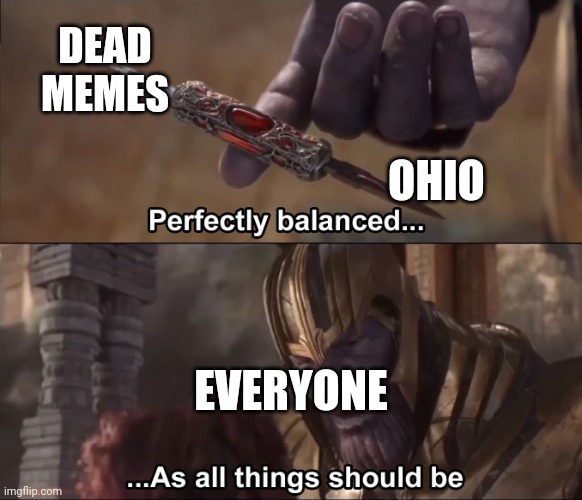 I killed them Ohio memes | DEAD MEMES; OHIO; EVERYONE | image tagged in thanos perfectly balanced as all things should be,memes | made w/ Imgflip meme maker