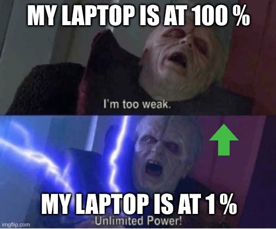 power | MY LAPTOP IS AT 100 %; MY LAPTOP IS AT 1 % | image tagged in too weak unlimited power | made w/ Imgflip meme maker