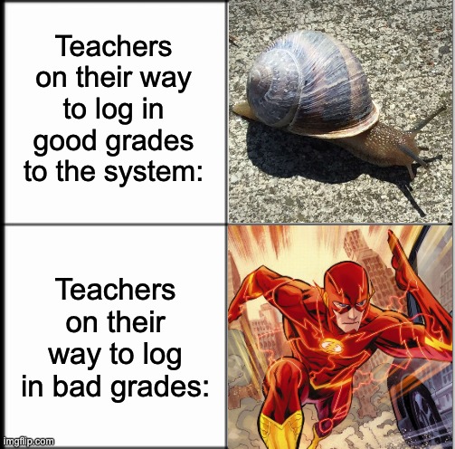 Why does it have to be like this | Teachers on their way to log in good grades to the system:; Teachers on their way to log in bad grades: | image tagged in school,grades | made w/ Imgflip meme maker