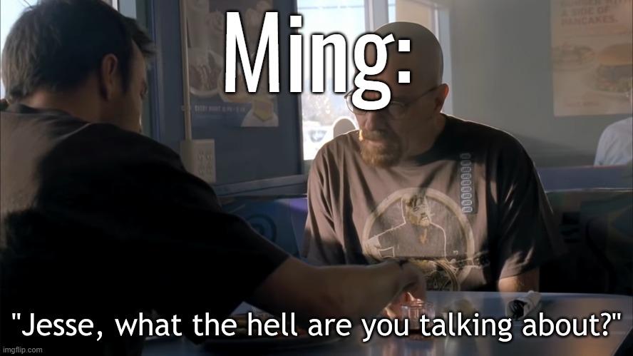 jesse what the hell are you talking about | Ming: | image tagged in jesse what the hell are you talking about | made w/ Imgflip meme maker