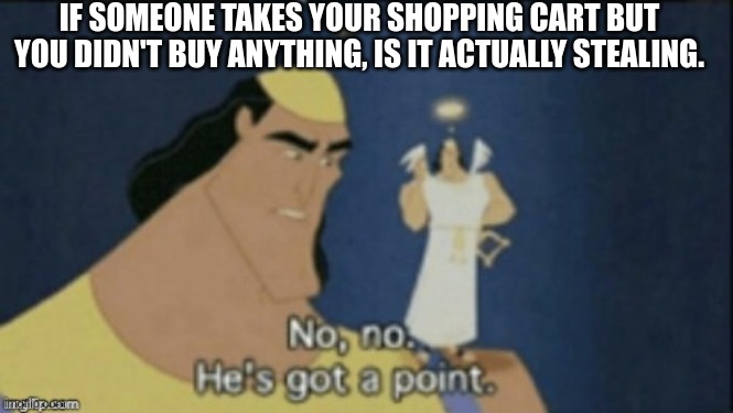 no no hes got a point | IF SOMEONE TAKES YOUR SHOPPING CART BUT YOU DIDN'T BUY ANYTHING, IS IT ACTUALLY STEALING. | image tagged in no no hes got a point | made w/ Imgflip meme maker