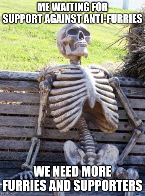 Waiting Skeleton Meme | ME WAITING FOR SUPPORT AGAINST ANTI-FURRIES; WE NEED MORE FURRIES AND SUPPORTERS | image tagged in memes,waiting skeleton,furry,furry meme | made w/ Imgflip meme maker